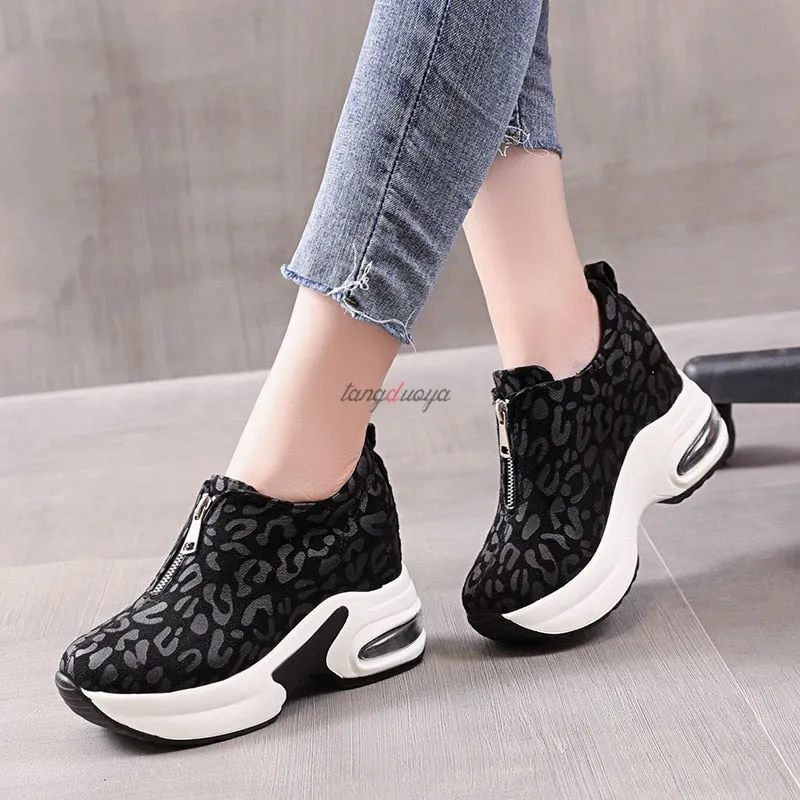 Amozae Leopard Running Shoes Female Platform Thick Sole Womens Sport Shoes Platform Sneakers Women Height Increase Jogging Shoes