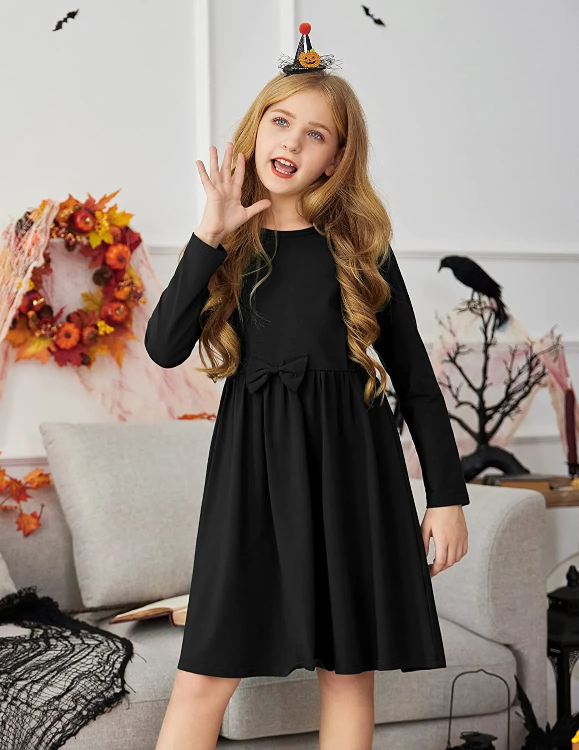 Arshiner Girls Long Sleeve Dress A line Twirly Skater Bow Tie Dress