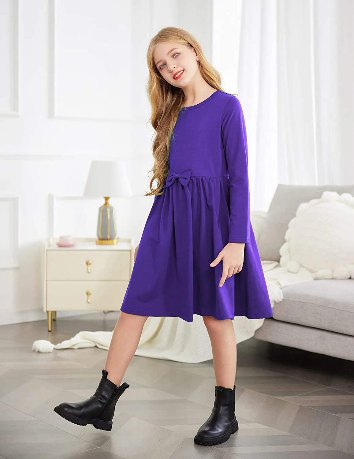 Arshiner Girls Long Sleeve Dress A line Twirly Skater Bow Tie Dress