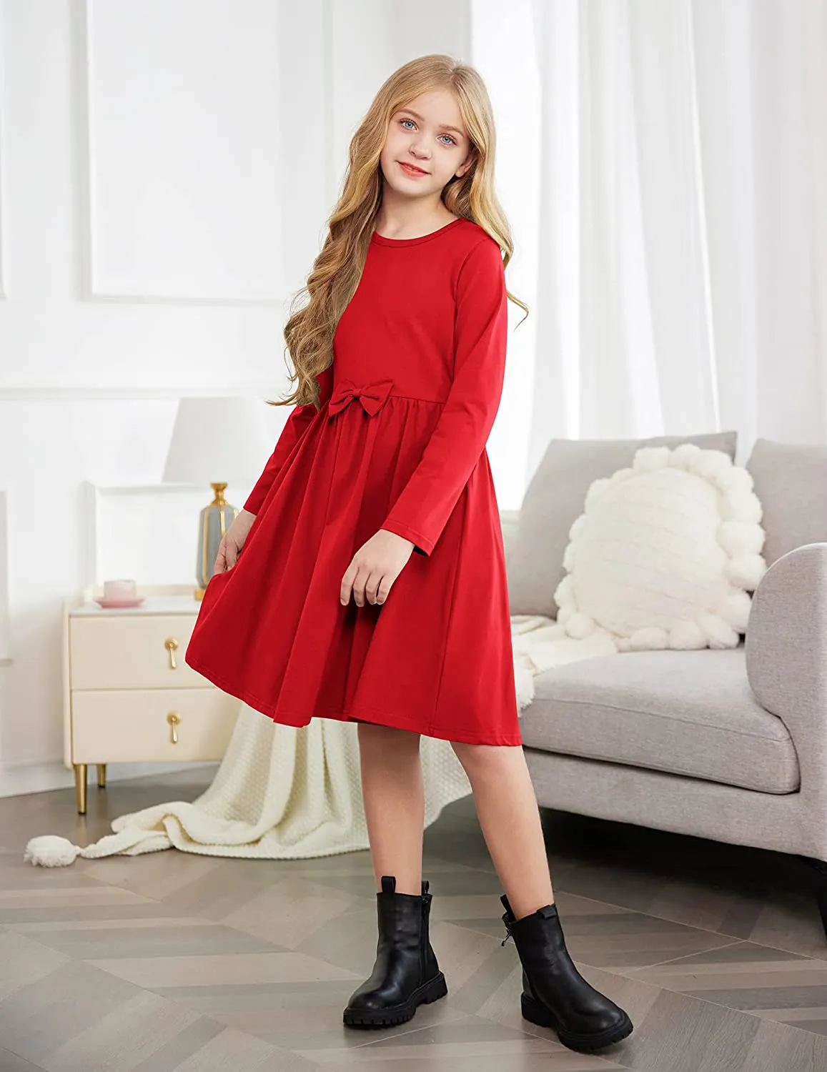 Arshiner Girls Long Sleeve Dress A line Twirly Skater Bow Tie Dress