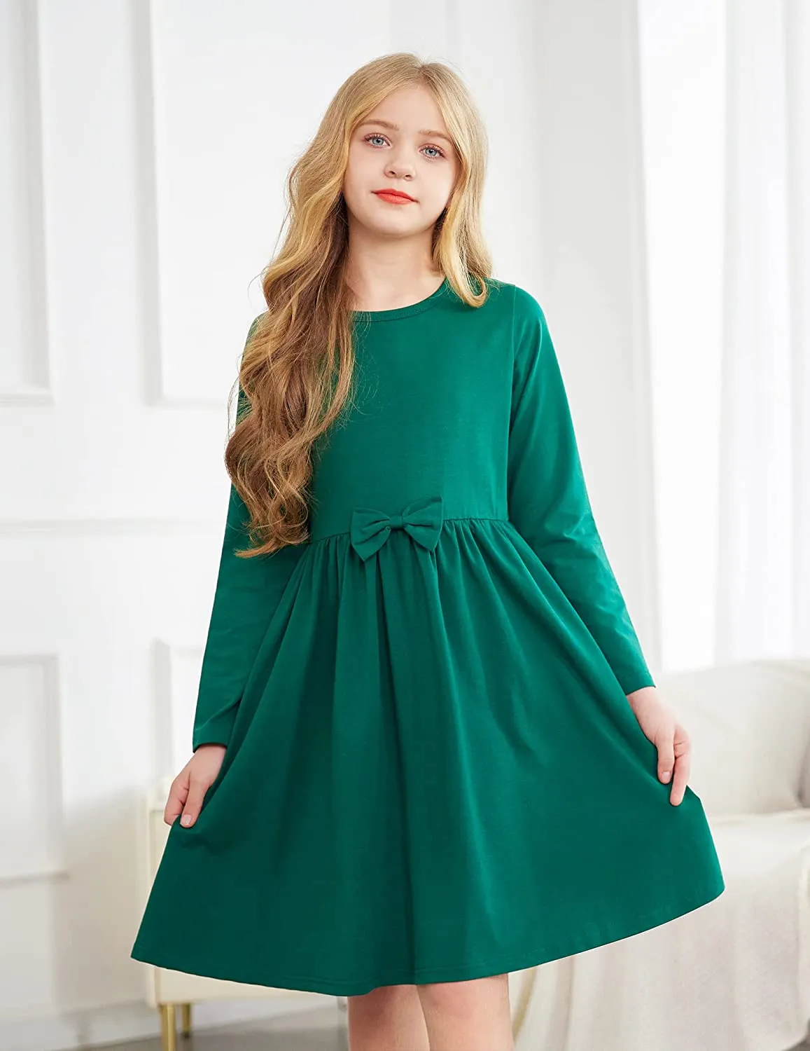 Arshiner Girls Long Sleeve Dress A line Twirly Skater Bow Tie Dress