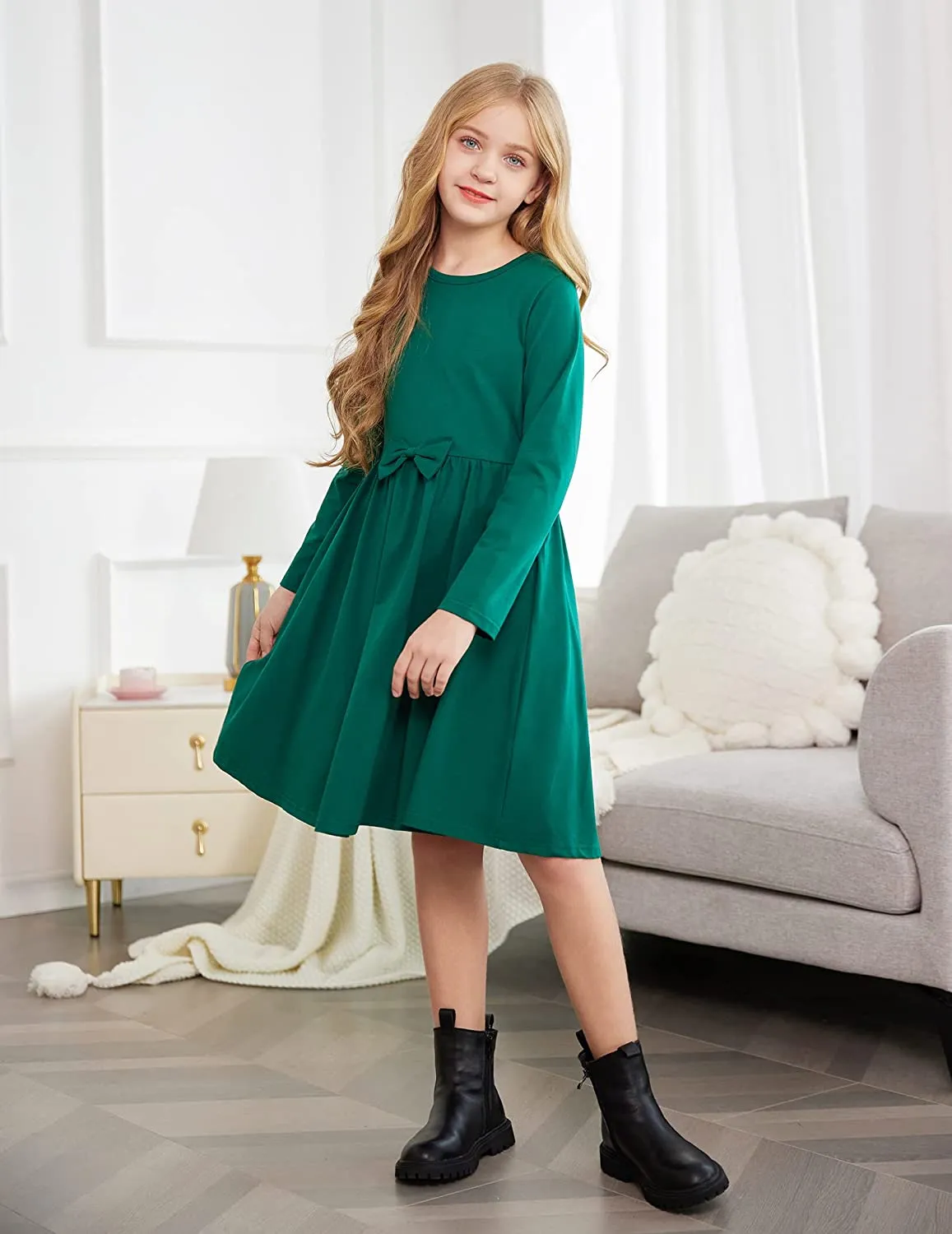 Arshiner Girls Long Sleeve Dress A line Twirly Skater Bow Tie Dress