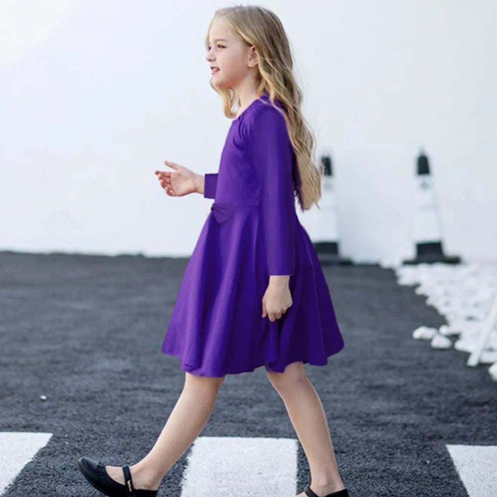 Arshiner Girls Long Sleeve Dress A line Twirly Skater Bow Tie Dress