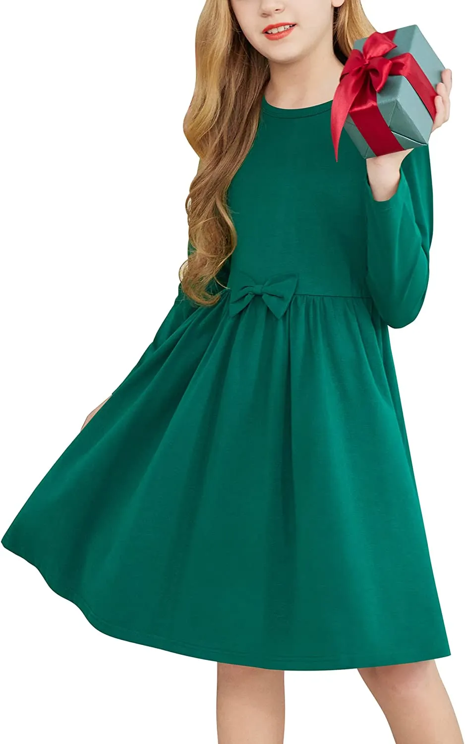 Arshiner Girls Long Sleeve Dress A line Twirly Skater Bow Tie Dress