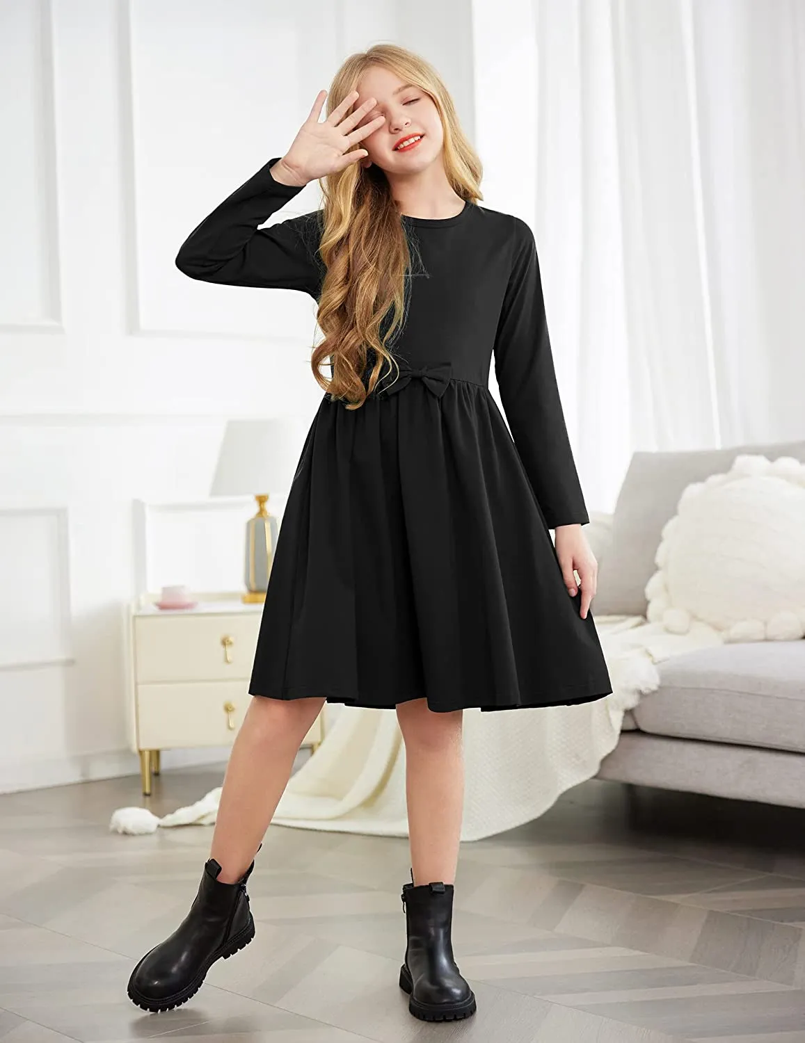 Arshiner Girls Long Sleeve Dress A line Twirly Skater Bow Tie Dress