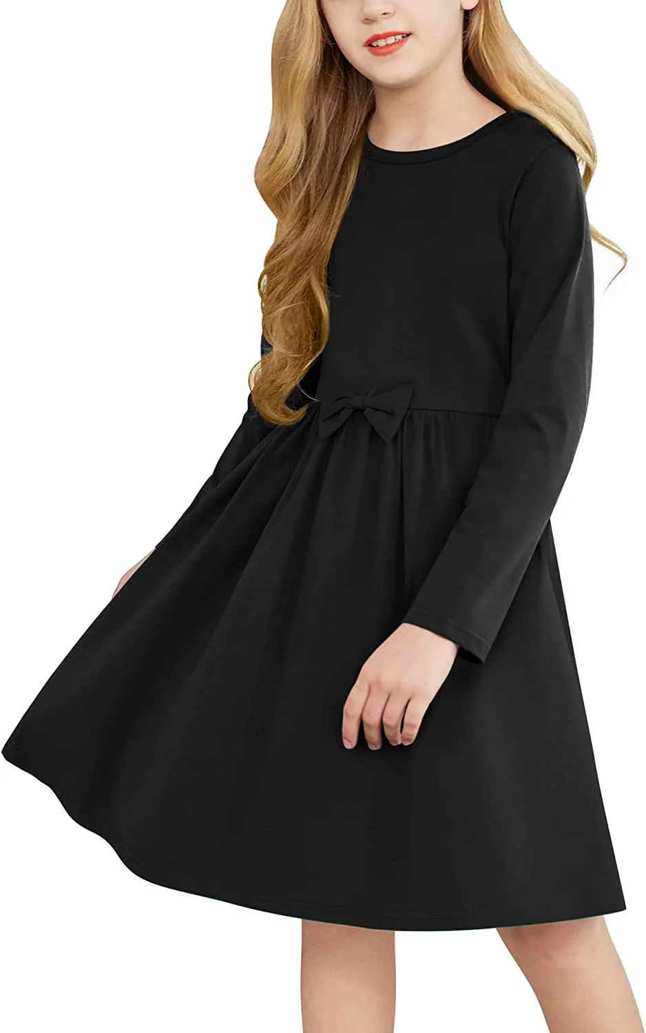 Arshiner Girls Long Sleeve Dress A line Twirly Skater Bow Tie Dress