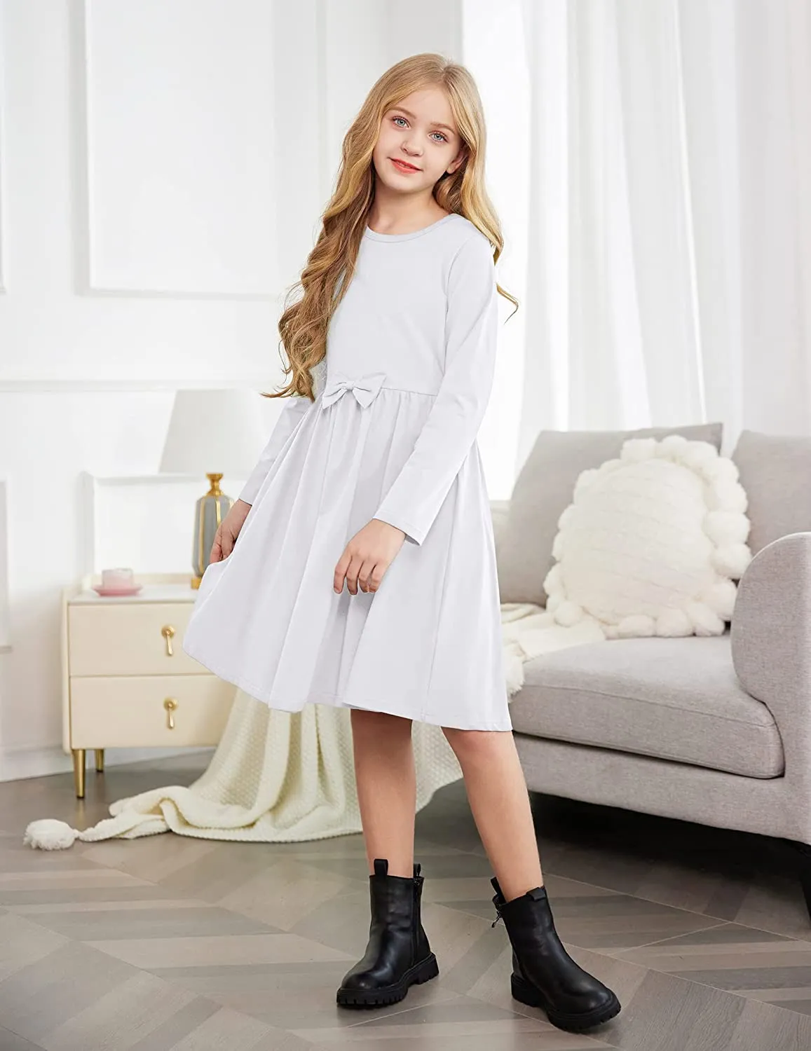 Arshiner Girls Long Sleeve Dress A line Twirly Skater Bow Tie Dress