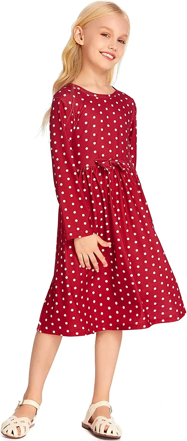 Arshiner Girls Long Sleeve Dress A line Twirly Skater Bow Tie Dress