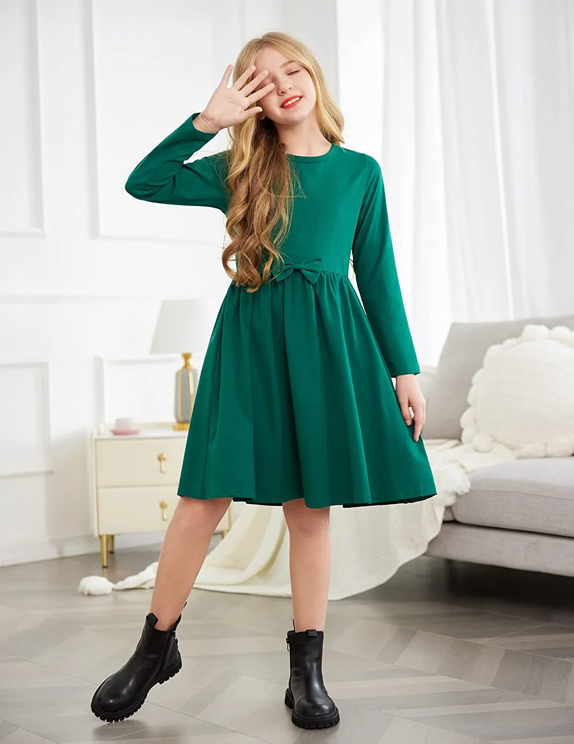 Arshiner Girls Long Sleeve Dress A line Twirly Skater Bow Tie Dress