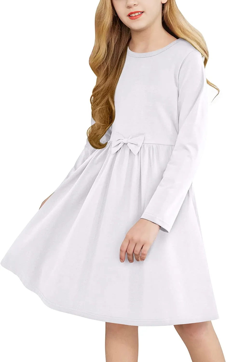 Arshiner Girls Long Sleeve Dress A line Twirly Skater Bow Tie Dress