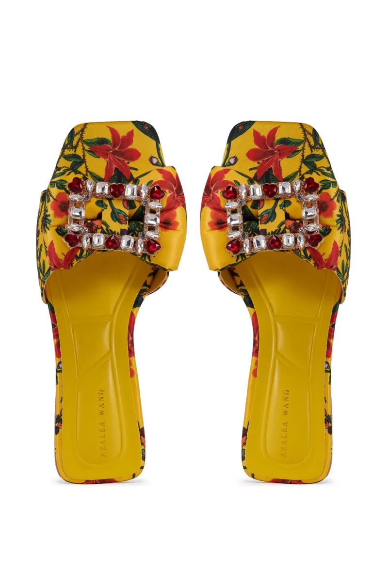 AZALEA WANG KESTRELL YELLOW FLORAL RHINESTONE BUCKLE SANDAL