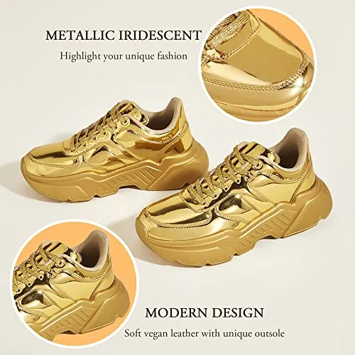 BELOS Women's Platform Chunky Sneakers Fashion Dad Sneakers Casual Lace Up Comfortable Lightweigt Walking Shoes(Gold,10 B(M) US)