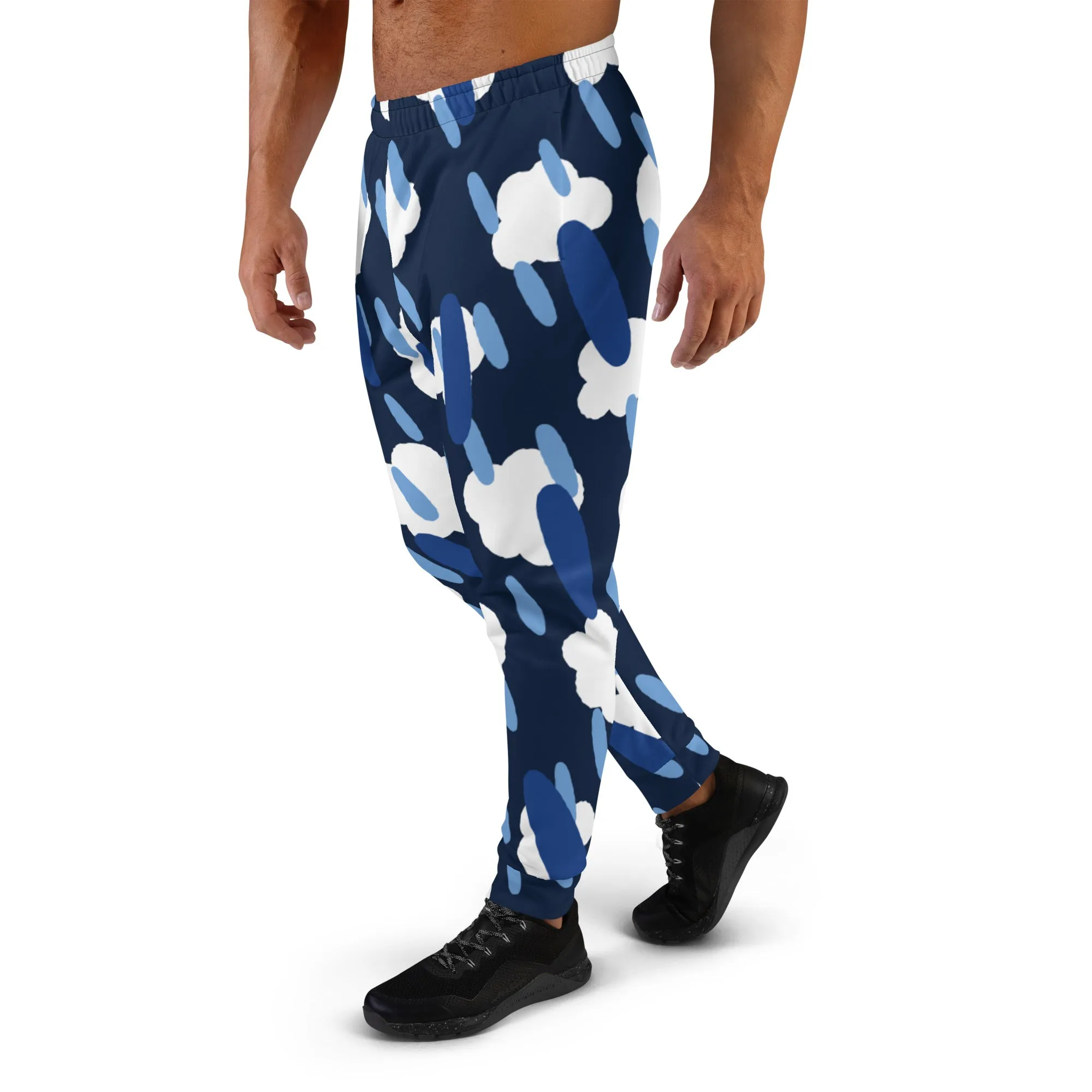 Blue Clouds Dashed Men's Joggers, Best Abstract Casual Designer Men's Jogging Pants - Made in USA/EU/MX