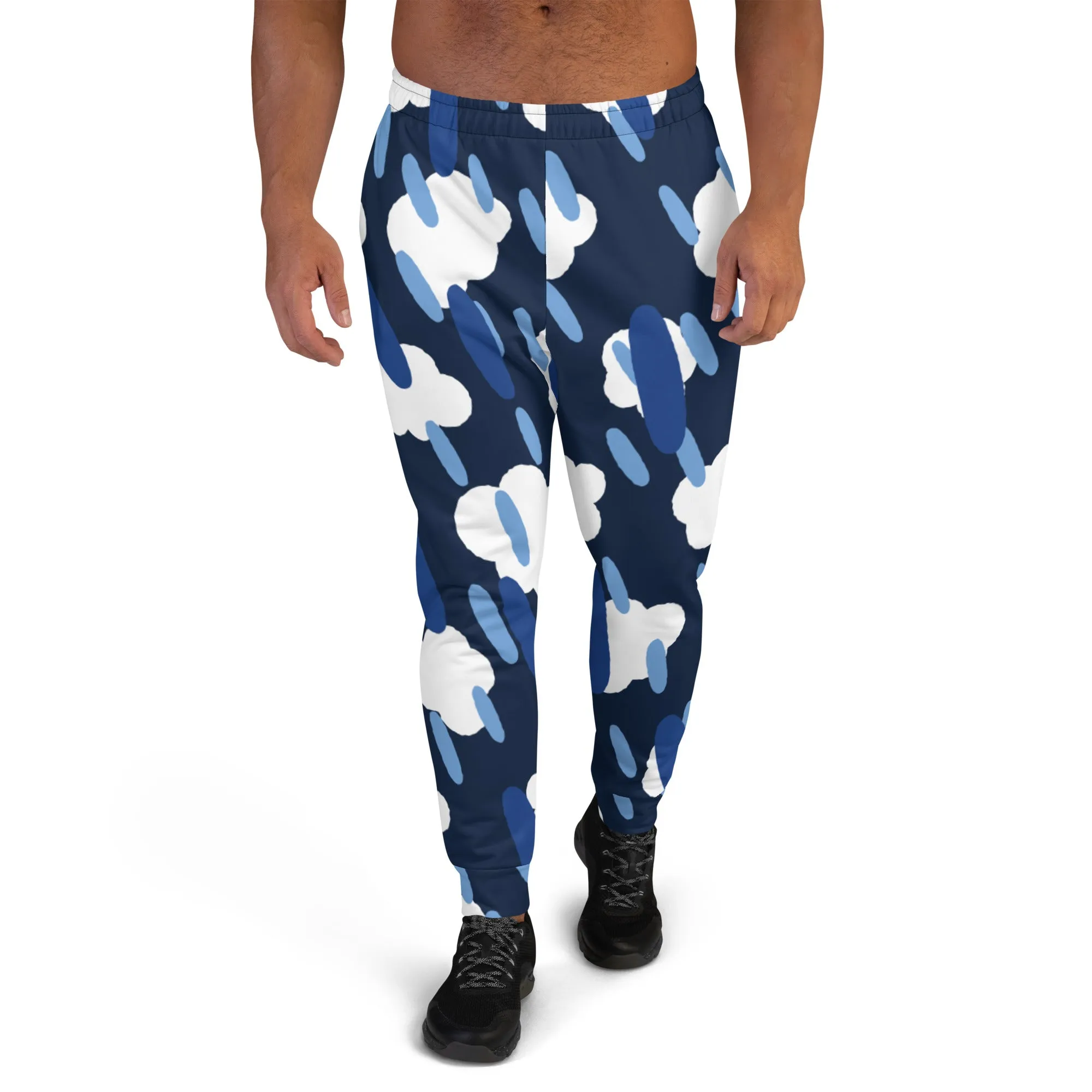 Blue Clouds Dashed Men's Joggers, Best Abstract Casual Designer Men's Jogging Pants - Made in USA/EU/MX