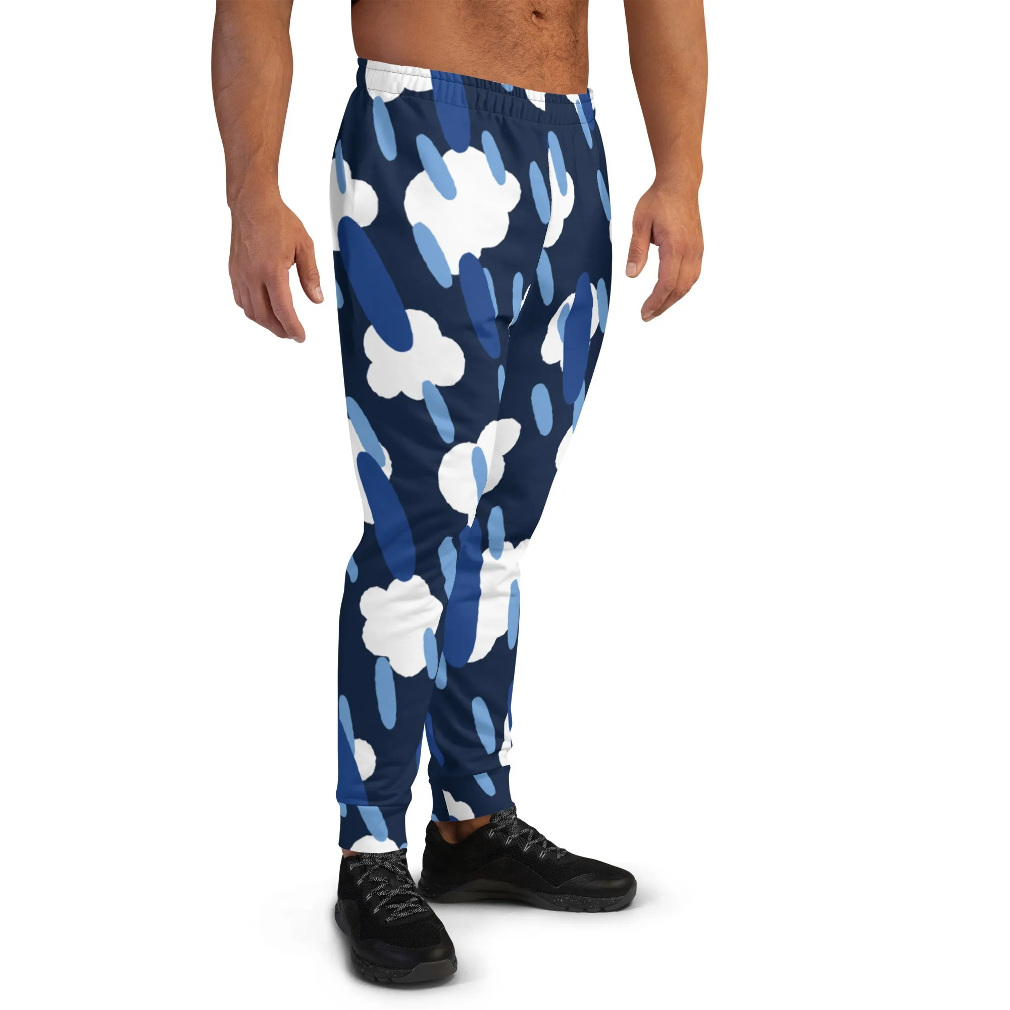 Blue Clouds Dashed Men's Joggers, Best Abstract Casual Designer Men's Jogging Pants - Made in USA/EU/MX