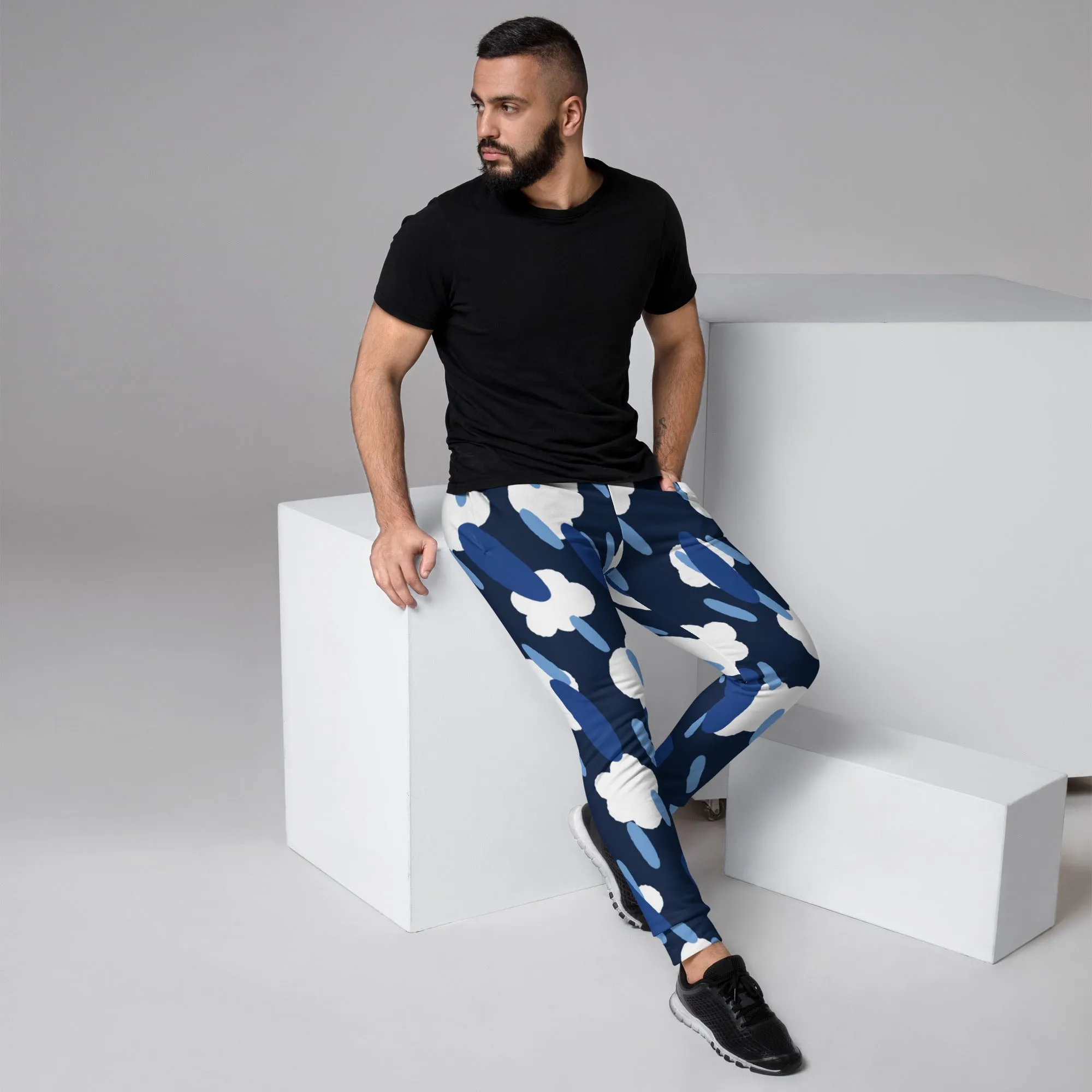 Blue Clouds Dashed Men's Joggers, Best Abstract Casual Designer Men's Jogging Pants - Made in USA/EU/MX