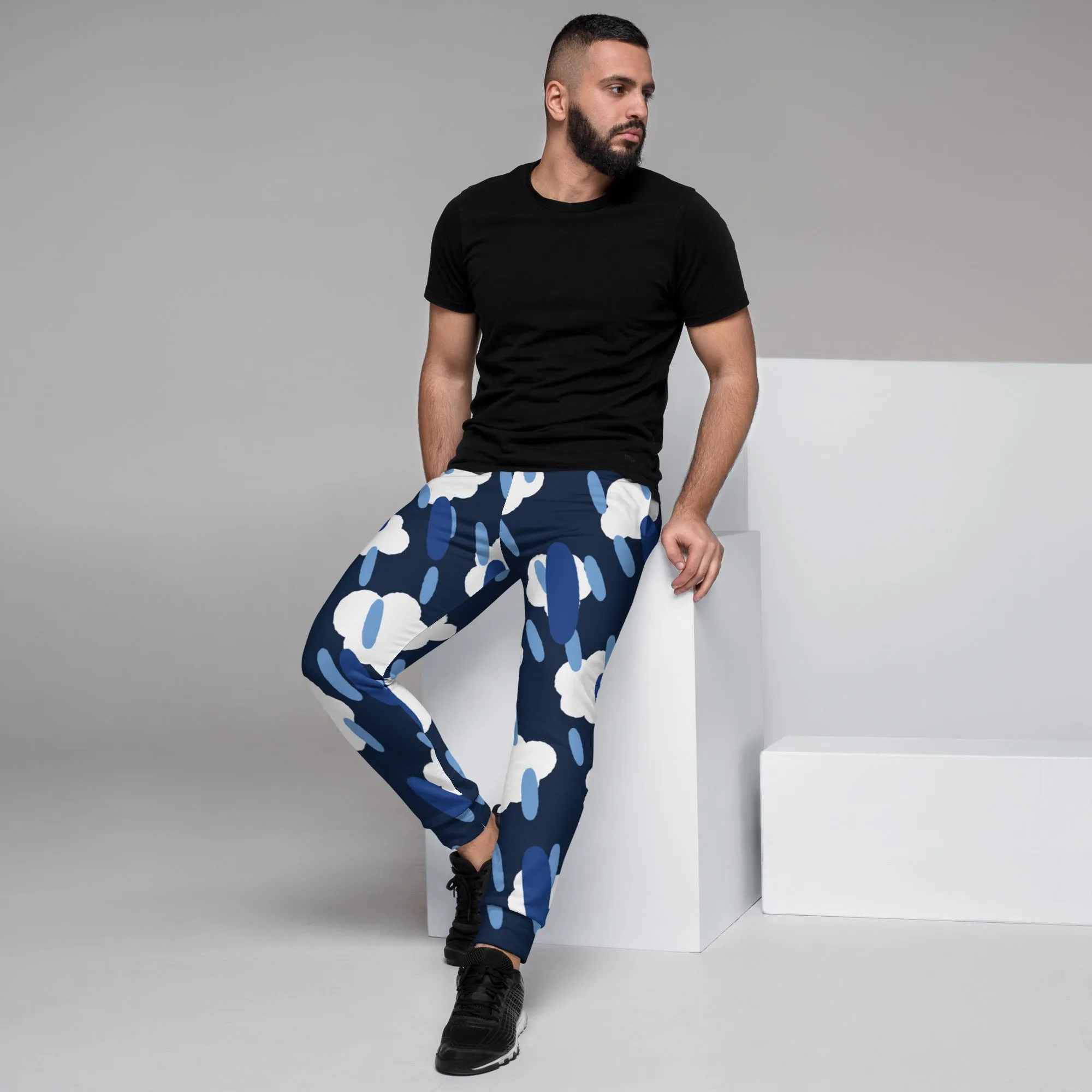 Blue Clouds Dashed Men's Joggers, Best Abstract Casual Designer Men's Jogging Pants - Made in USA/EU/MX