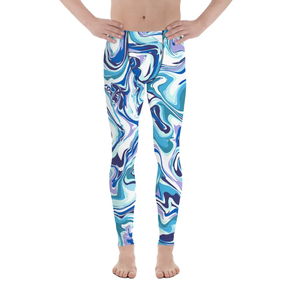 Blue Marble Meggings, Acrylic Pour Abstract Print Sexy Men's Workout Gym Run Tights