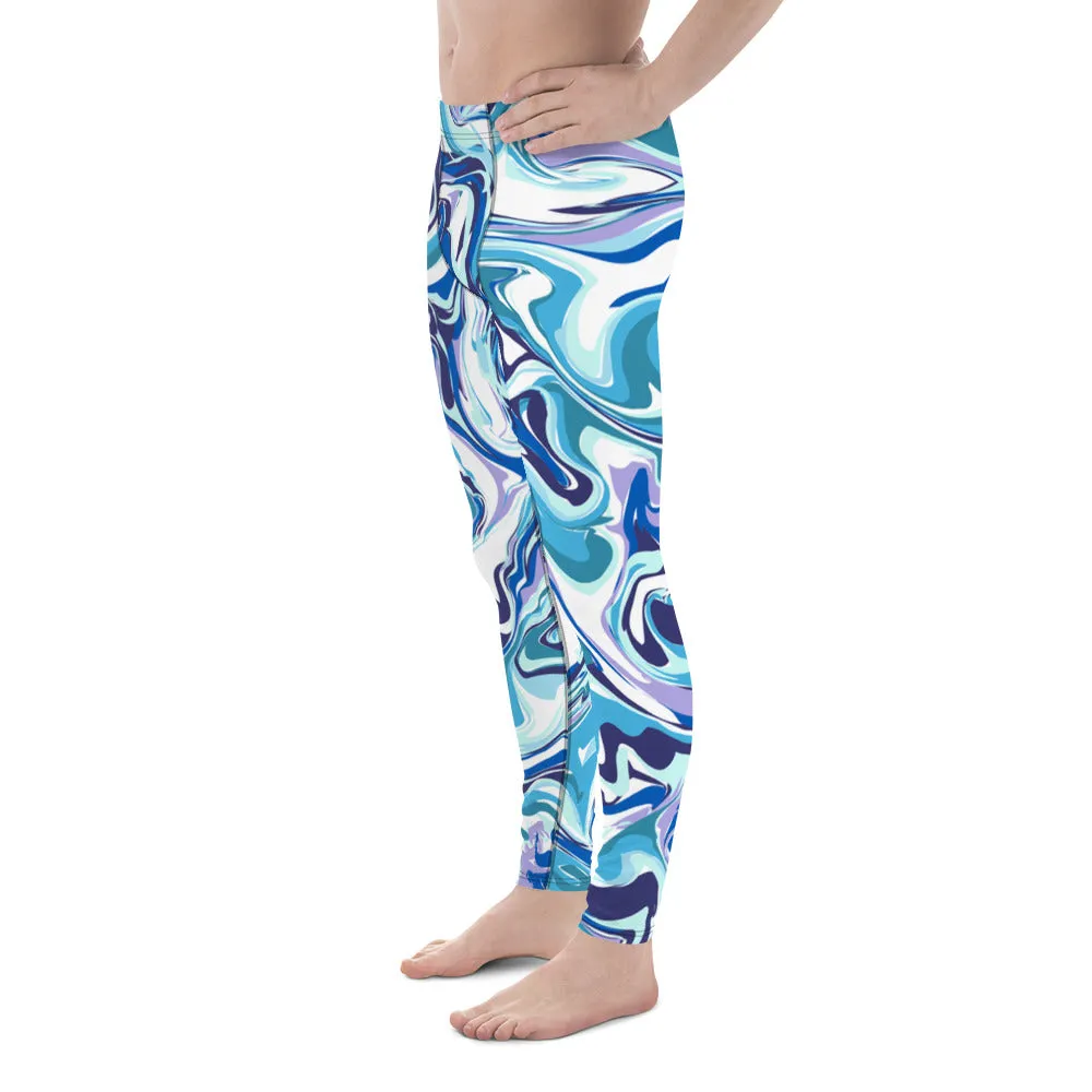 Blue Marble Meggings, Acrylic Pour Abstract Print Sexy Men's Workout Gym Run Tights