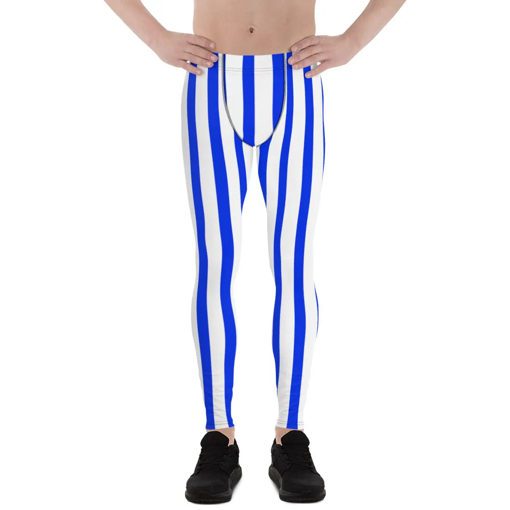 Blue Striped Vertical Print Meggings, Men's Running Leggings Compression Running Tights- Made in USA/EU