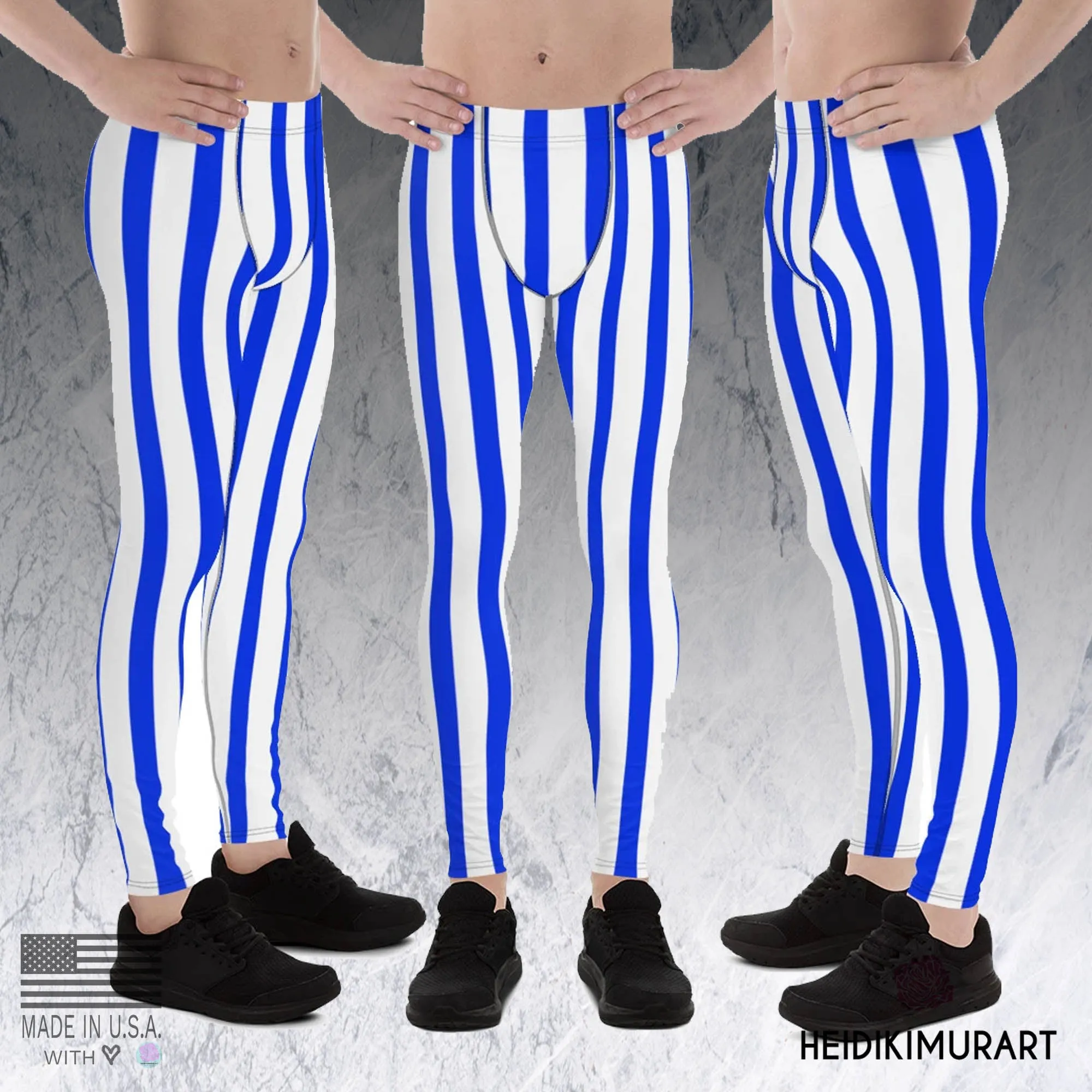 Blue Striped Vertical Print Meggings, Men's Running Leggings Compression Running Tights- Made in USA/EU