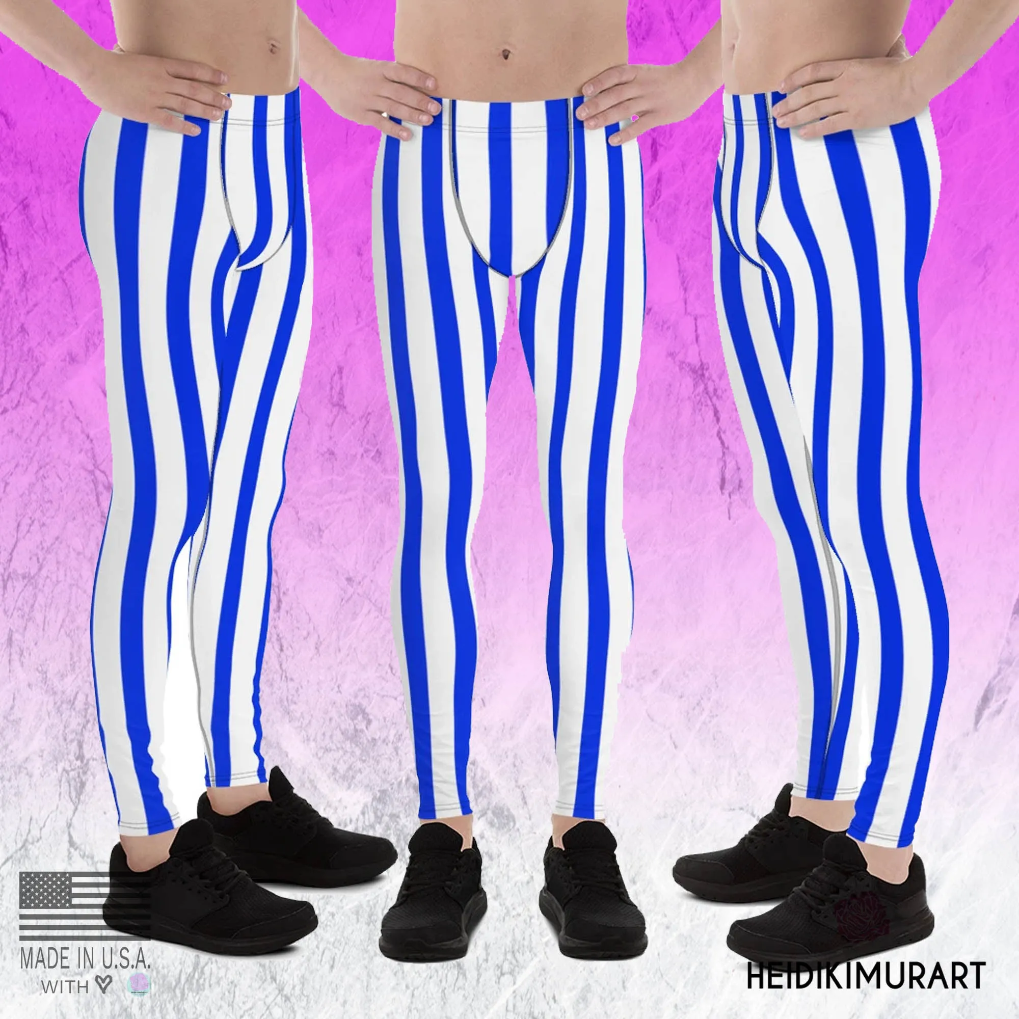 Blue Striped Vertical Print Meggings, Men's Running Leggings Compression Running Tights- Made in USA/EU