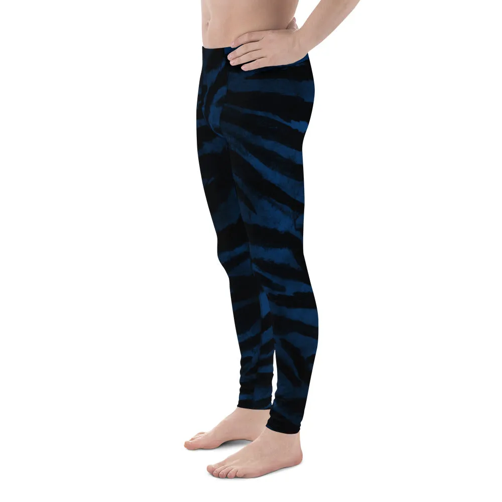 Blue Tiger Striped Meggings, Animal Print Men's Yoga Pants Leggings Run Tights- Made in USA/ EU