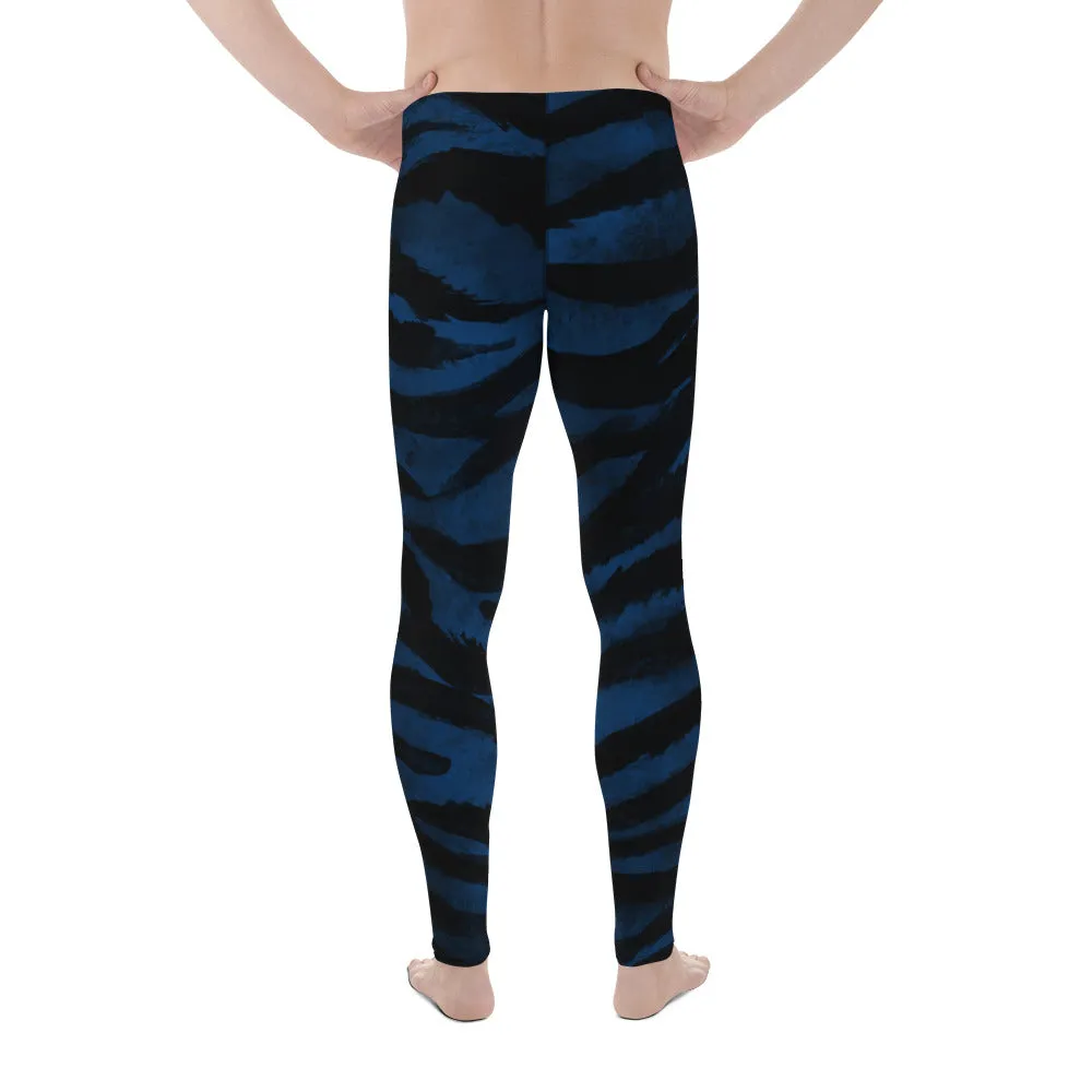 Blue Tiger Striped Meggings, Animal Print Men's Yoga Pants Leggings Run Tights- Made in USA/ EU