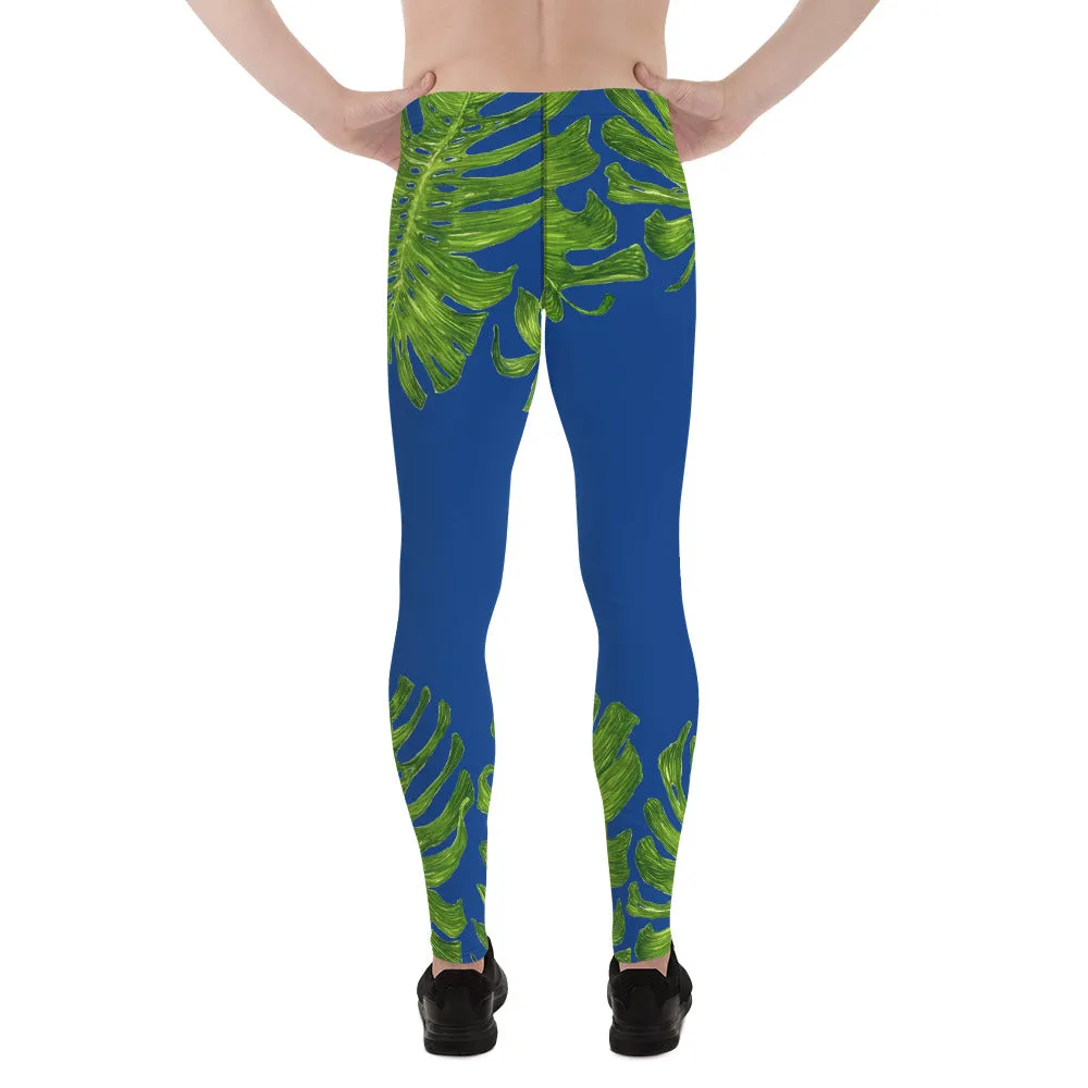 Blue Tropical Palm Leaf Meggings, Green Palm Leaf Men's Compression Run Tights- Made in USA/EU