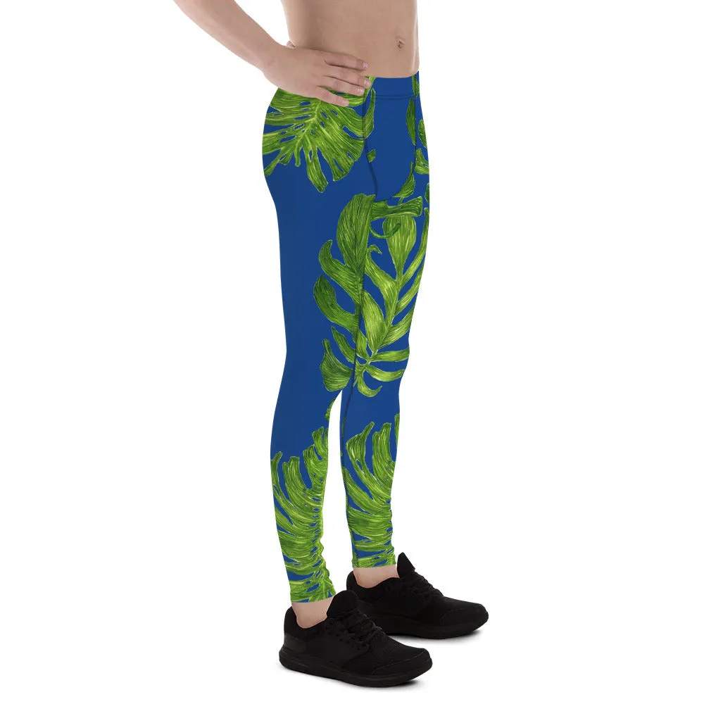 Blue Tropical Palm Leaf Meggings, Green Palm Leaf Men's Compression Run Tights- Made in USA/EU