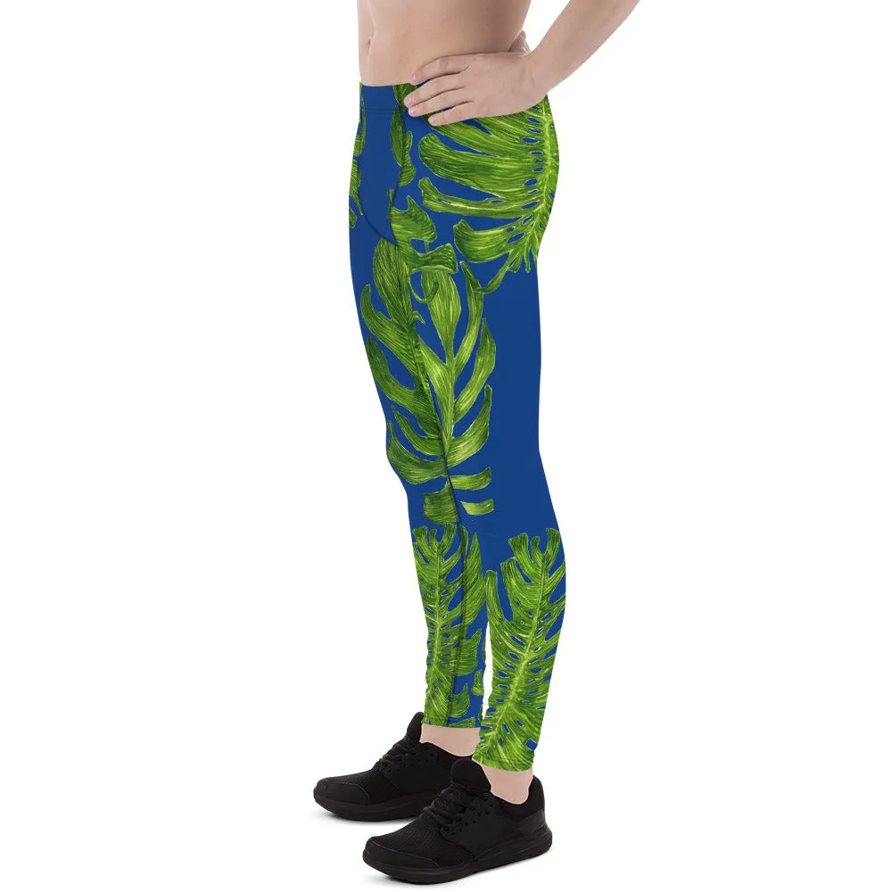 Blue Tropical Palm Leaf Meggings, Green Palm Leaf Men's Compression Run Tights- Made in USA/EU