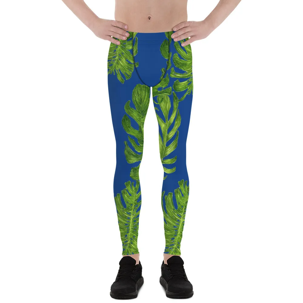 Blue Tropical Palm Leaf Meggings, Green Palm Leaf Men's Compression Run Tights- Made in USA/EU