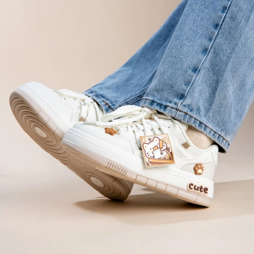 Boba Lovin Kitty Chunky White Sneakers - Women's