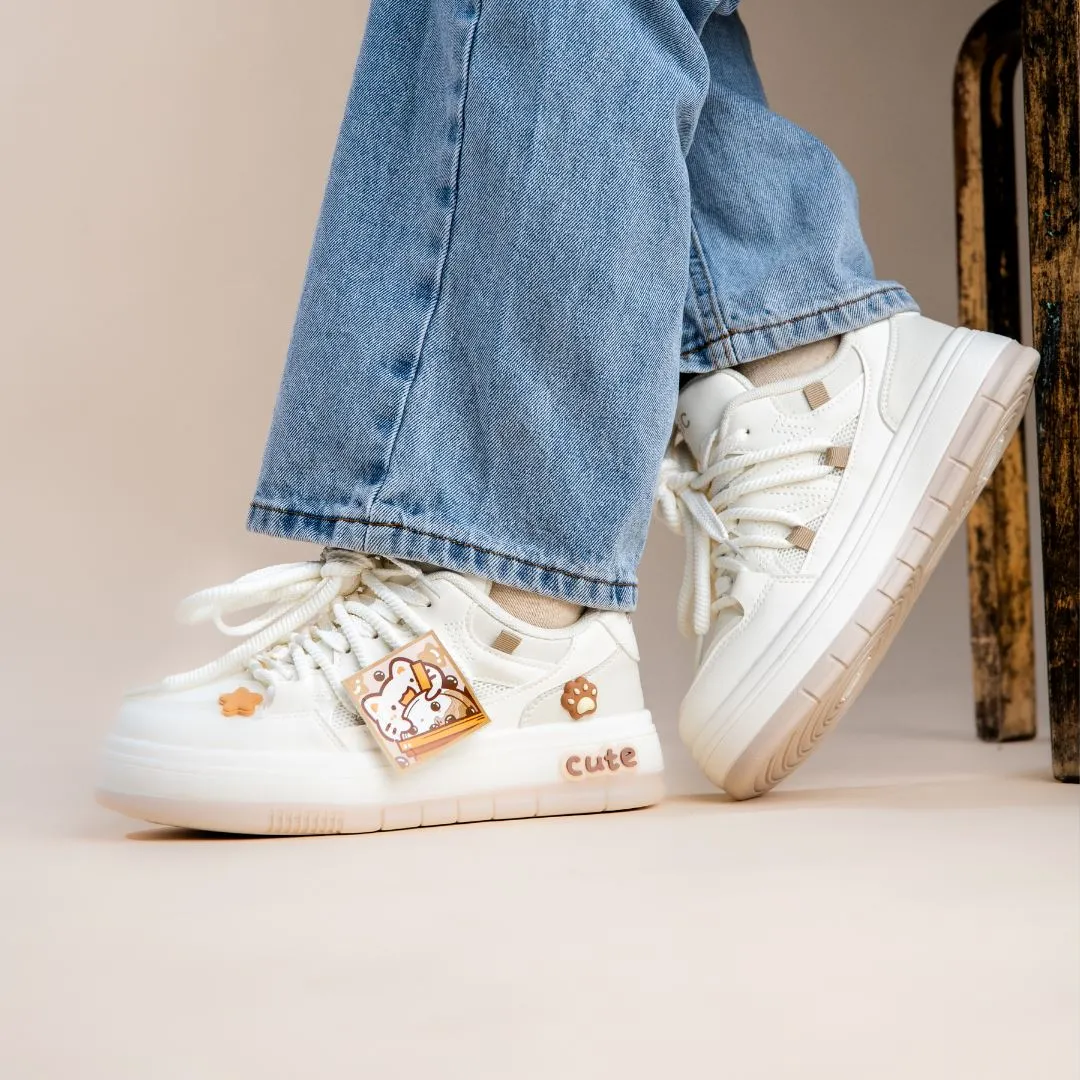 Boba Lovin Kitty Chunky White Sneakers - Women's