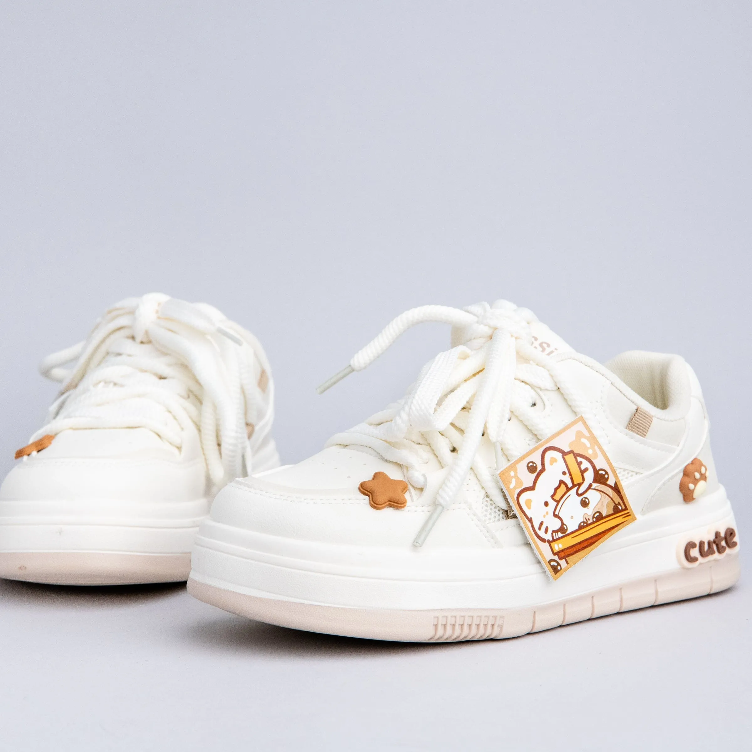 Boba Lovin Kitty Chunky White Sneakers - Women's