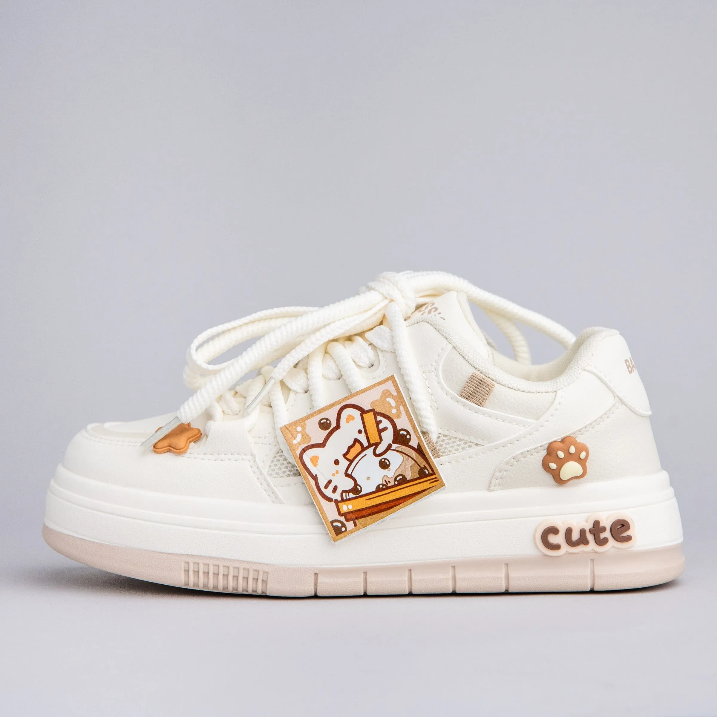 Boba Lovin Kitty Chunky White Sneakers - Women's