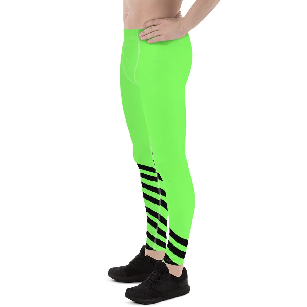 Bright Green Striped Meggings, Black Diagonal Stripe Print Men's Leggings-Made in USA/EU