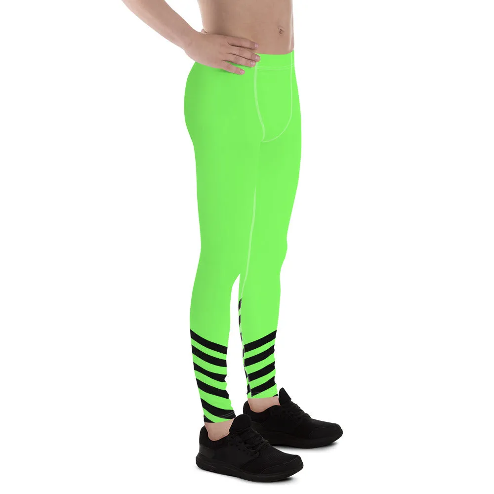 Bright Neon Green Men's Leggings, Diagonal Stripe Compression Rave Tights -Made in USA/ EU