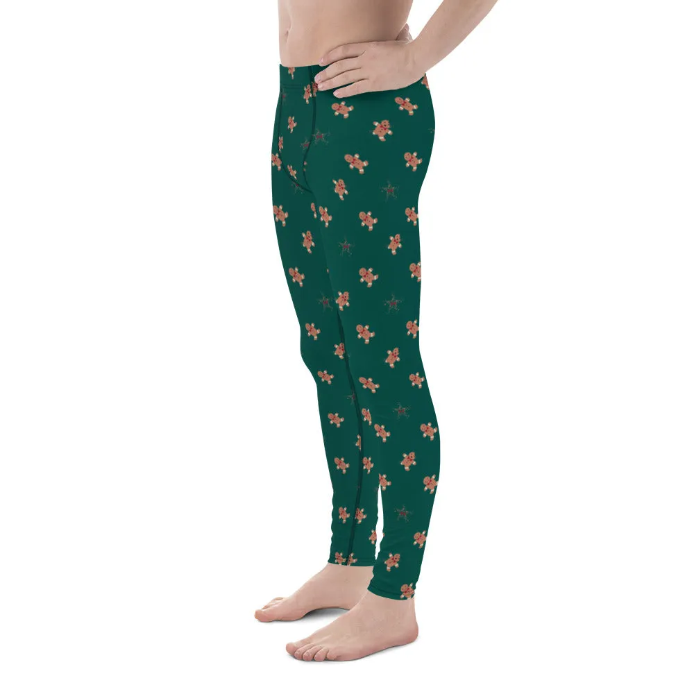 Brown Gingerbread Meggings, Cookie Christmas Print Men's Running Compression Tights