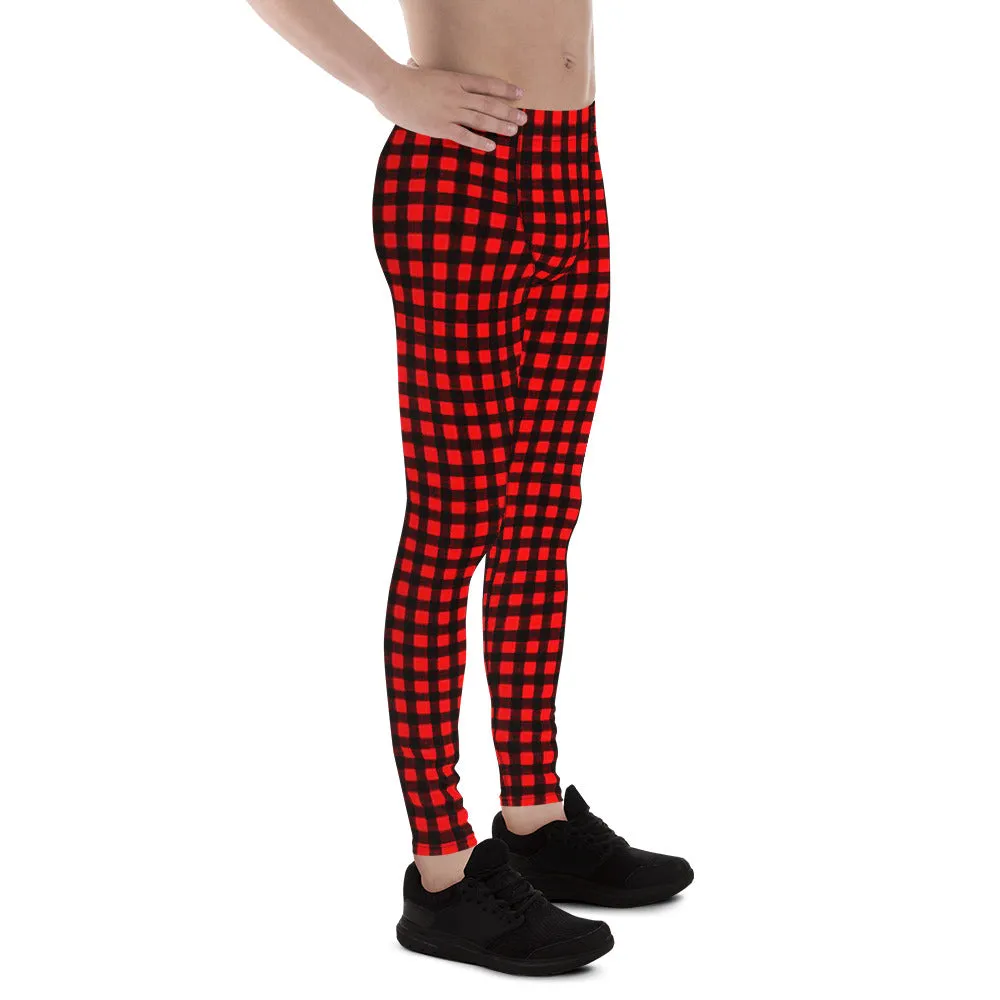 Buffalo Red Plaid Men's Leggings, Red Plaid Printed Compression Run Tights Yoga Pants-Made in USA/EU/MX