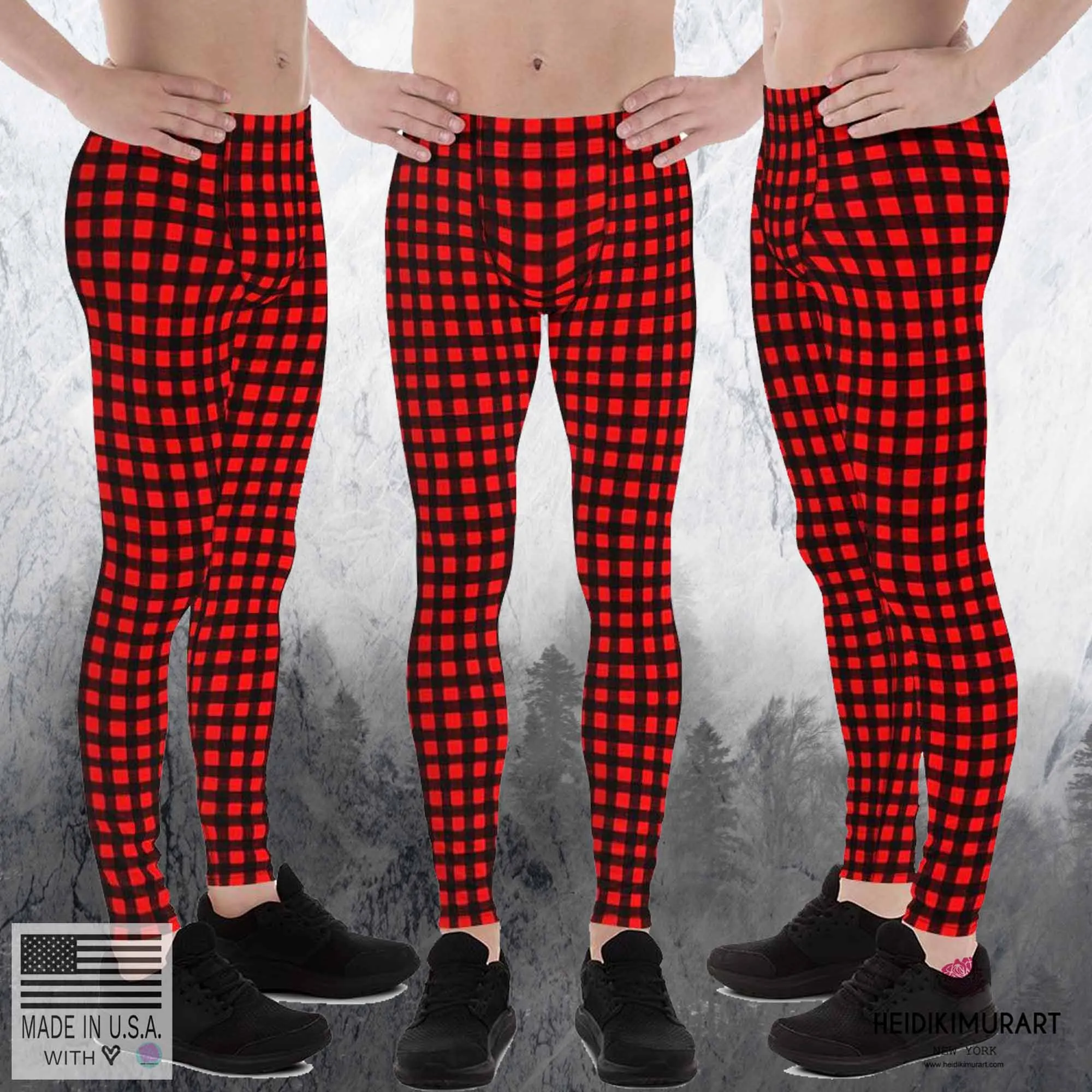 Buffalo Red Plaid Men's Leggings, Red Plaid Printed Compression Run Tights Yoga Pants-Made in USA/EU/MX