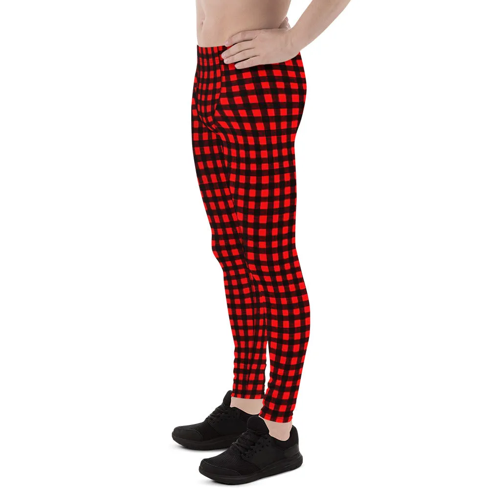 Buffalo Red Plaid Men's Leggings, Red Plaid Printed Compression Run Tights Yoga Pants-Made in USA/EU/MX