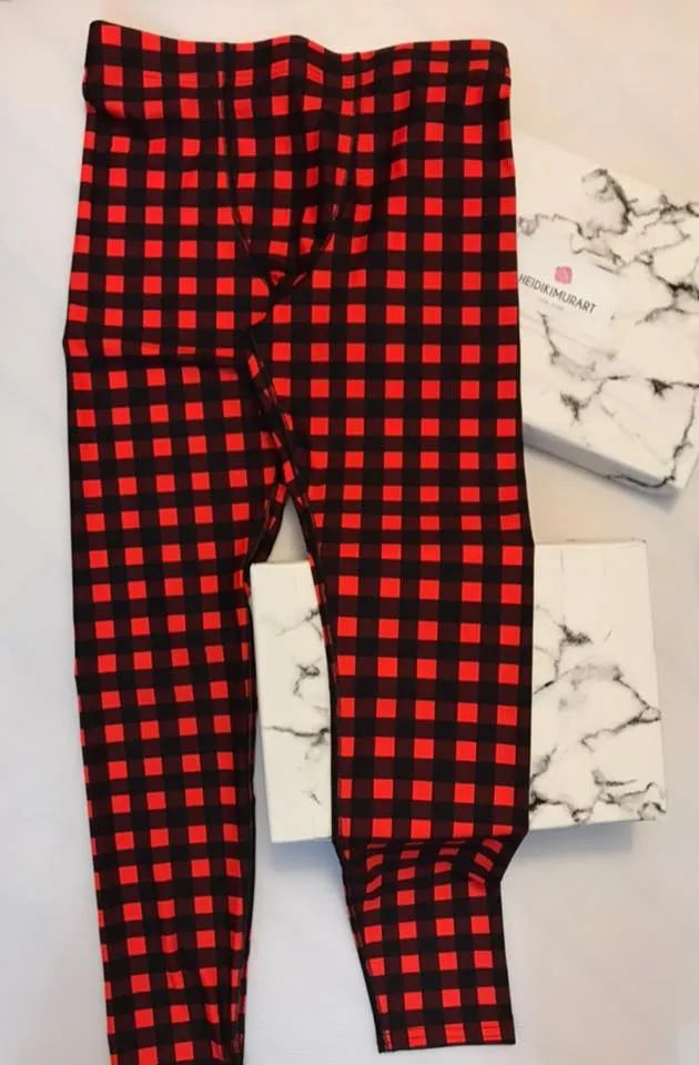 Buffalo Red Plaid Men's Leggings, Red Plaid Printed Compression Run Tights Yoga Pants-Made in USA/EU/MX