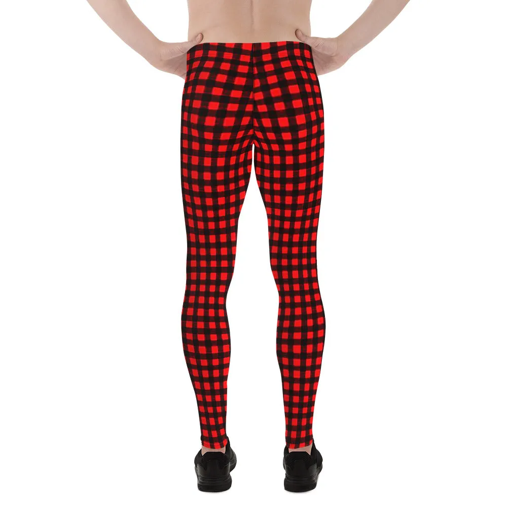 Buffalo Red Plaid Men's Leggings, Red Plaid Printed Compression Run Tights Yoga Pants-Made in USA/EU/MX