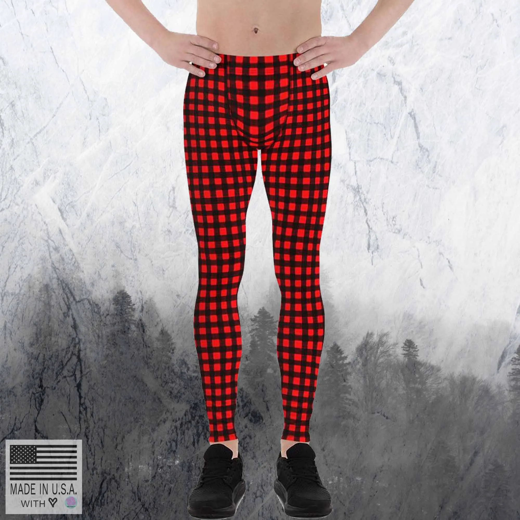 Buffalo Red Plaid Men's Leggings, Red Plaid Printed Compression Run Tights Yoga Pants-Made in USA/EU/MX