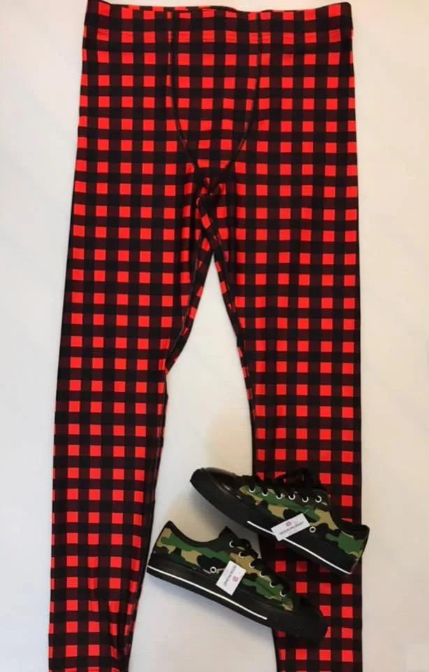 Buffalo Red Plaid Men's Leggings, Red Plaid Printed Compression Run Tights Yoga Pants-Made in USA/EU/MX