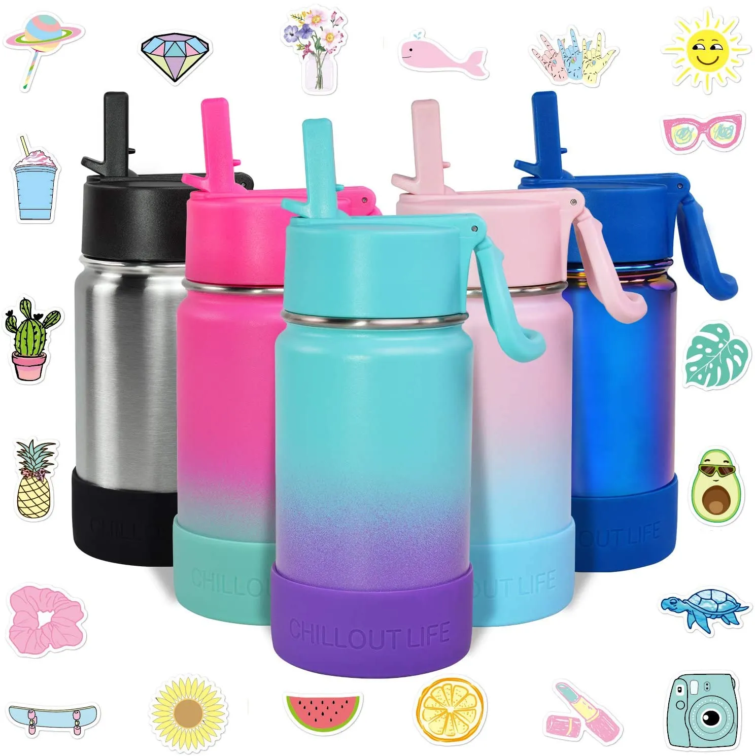 CHILLOUT LIFE 12 oz Insulated Water Bottle with Straw Lid for Kids   Cute Waterproof Stickers