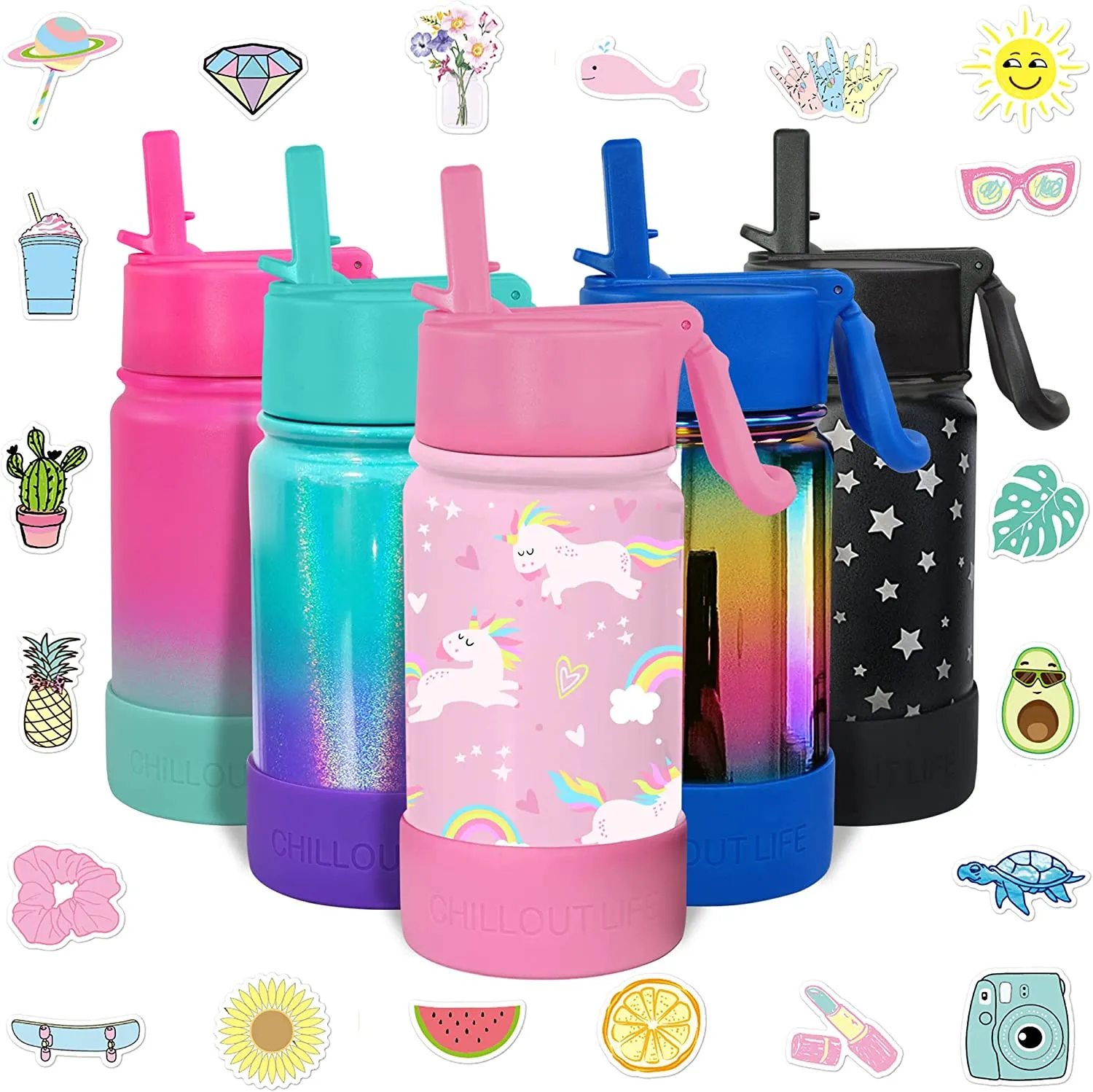 CHILLOUT LIFE 12 oz Insulated Water Bottle with Straw Lid for Kids   Cute Waterproof Stickers