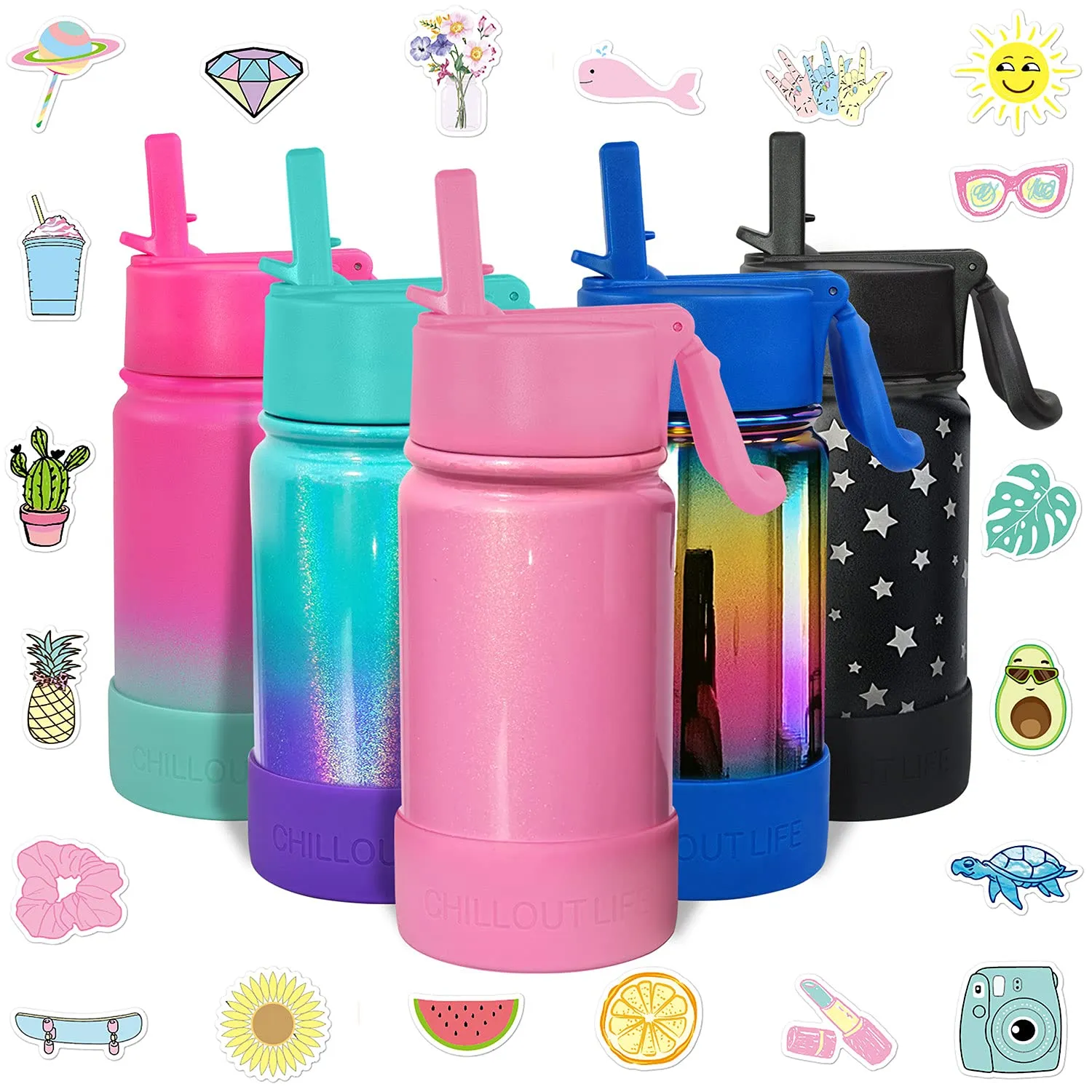 CHILLOUT LIFE 12 oz Insulated Water Bottle with Straw Lid for Kids   Cute Waterproof Stickers