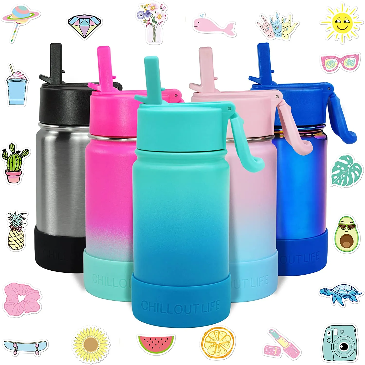 CHILLOUT LIFE 12 oz Insulated Water Bottle with Straw Lid for Kids   Cute Waterproof Stickers